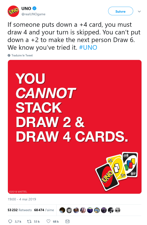 Screenshot du tweet du compte UNO Screenshot du tweet du compte UNO