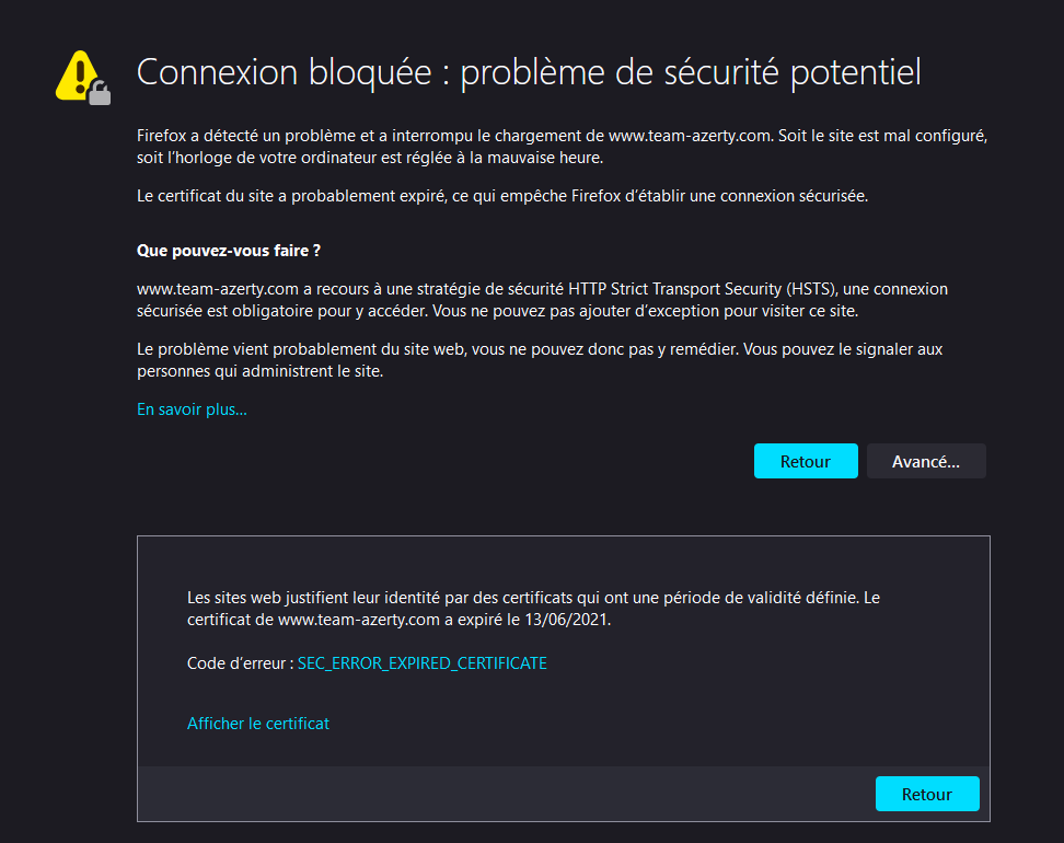 Certificat périmé Certificat périmé